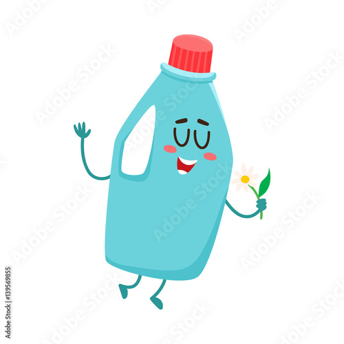 Funny detergent bottle character with smiling human face holding a flower, cartoon vector illustration isolated on white background. Smiling detergent bottle character, house cleaning concept