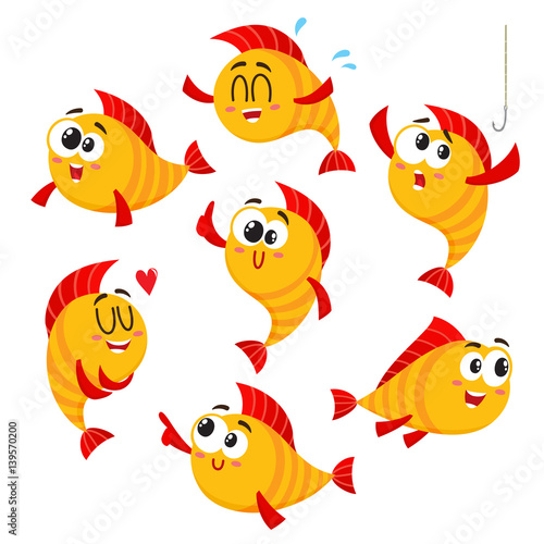 Cute, funny golden, yellow fish characters with human face showing different emotions, cartoon vector illustration isolated on white background. Set of yellow fish characters, mascot, design elements