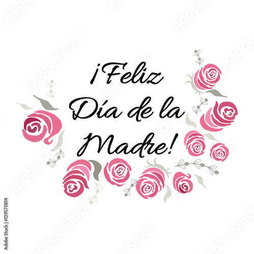 Mother Day vector greeting card. Pink floral pattern background. Hand drawn lettering title in Spanish