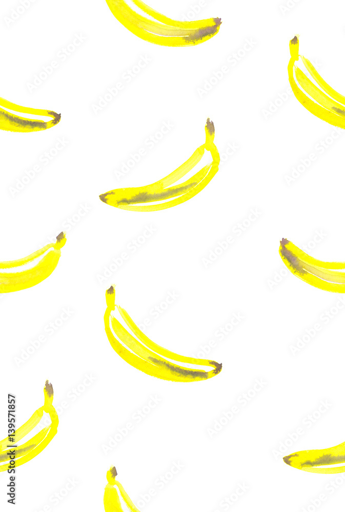 Seamless pattern with yellow bananas aligned in rows painted in watercolor on white isolated background