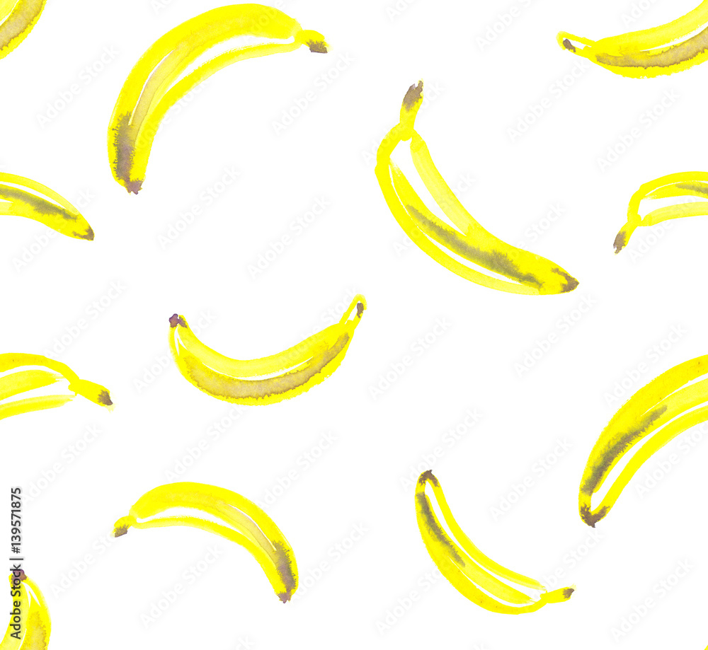 Seamless pattern with bright yellow bananas painted in watercolor on white isolated background