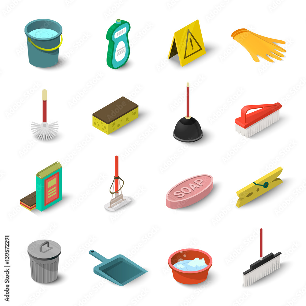 Cleaning icons set, isometric style Cleaning icons set, isometric style