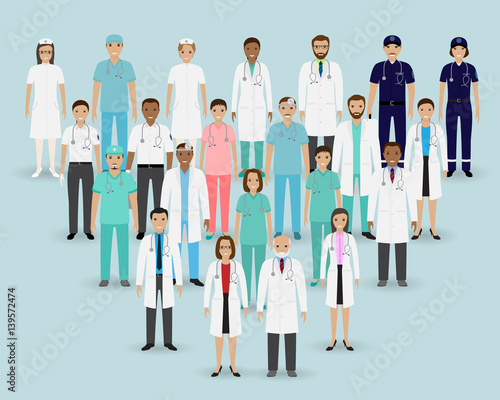 Medical team. Group doctors, nurses and paramedics. Medicine banner. Hospital staff.