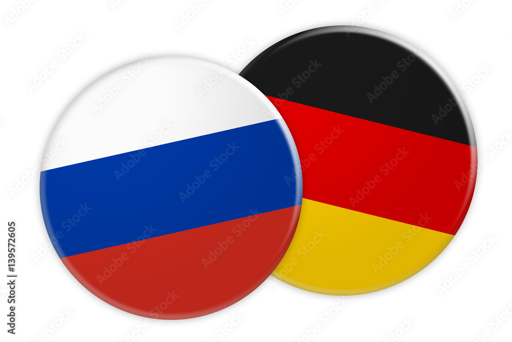Politics News Concept: Russia Flag Button On Germany Flag Button, 3d illustration on white background Politics News Concept: Russia Flag Button On Germany Flag Button, 3d illustration on white background