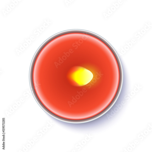 Realistic wax, flamed round candle in a metal case isolated on white backdrop. Top view on red burning candle. Template for invitation or greeting cards. Vector illustration.