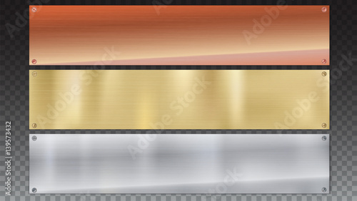 Banners of polished metal plates with screws. Polished metal background with metal texture on a transparent background. Yellow, gold, bronze and grey metal background for your design