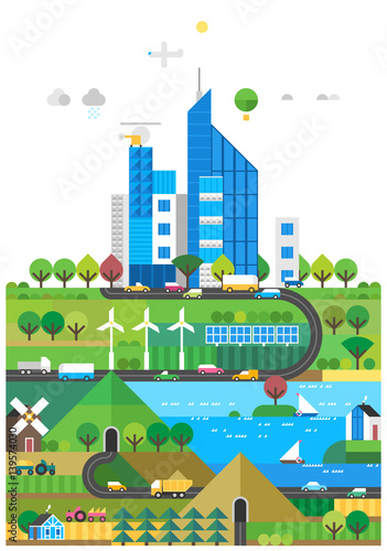 Ecosystem - Modern city and the countryside. Farmhouse. Transport connection. City skyscrapers. Tunnel through the mountains. Renewable energy