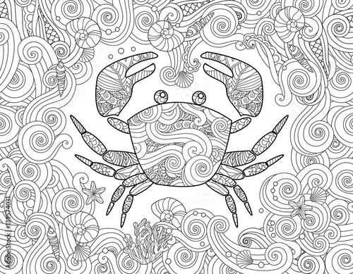Coloring page. Ornate crab and sea wave curl background.