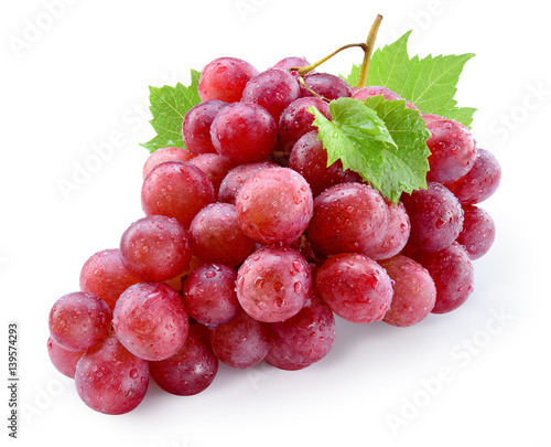 Ripe red wet grape with drops. Pink bunch with leaves isolated on white. With clipping path. Full depth of field.
