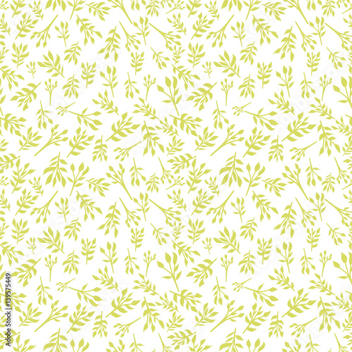 Floral seamless background with small leaves, twigs of plants. Simple pattern. Green on white color. The idea for printing, tissue, packaging, scrapbooking. Vector illustration