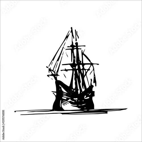 Sailing galleon ship in the ocean in ink line style. Vector hand sketched old warship. Marine theme design.