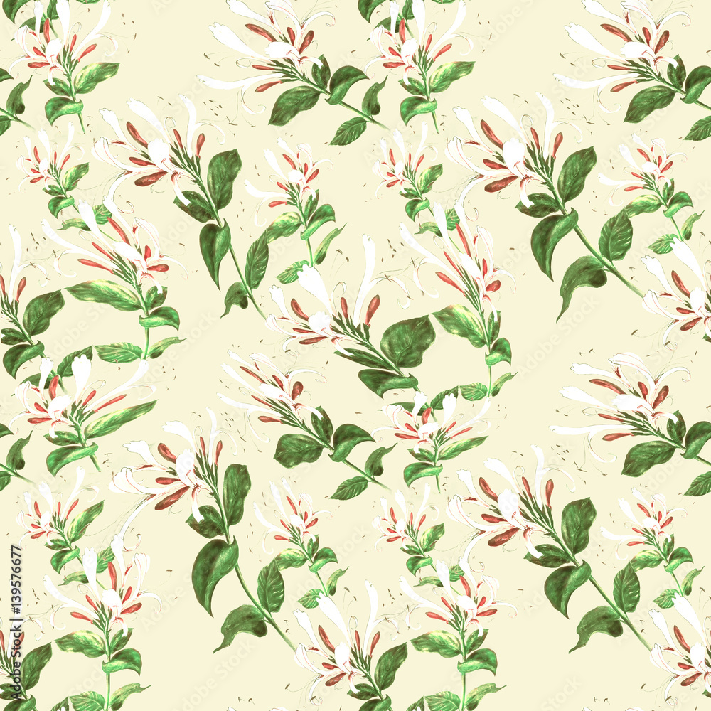 Branch honeysuckle.Watercolor. Seamless pattern. Branches. medicinal, perfumery and cosmetic plants. Wallpaper. Use printed materials, signs, posters, postcards, packaging.