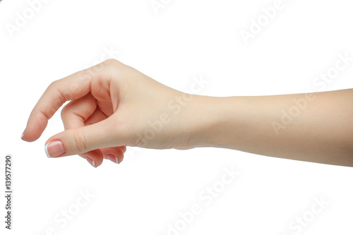 Woman hand holding some like a blank card isolated on a white background. manicured hand