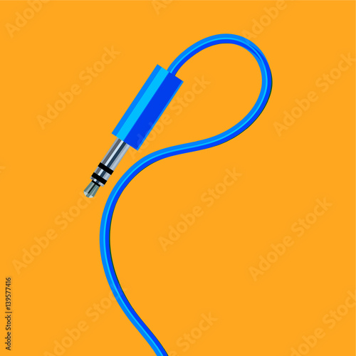 Blue headphone jack on an orange background, rendered graphically in vector format.
