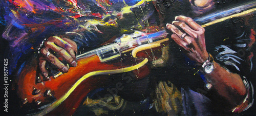 Rock guitarists hands, playing guitar, with multicolored fantasy background,  in bright colors. Original artwork in acrylic on canvas