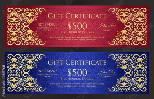 Luxury red and blue gift certificate with vintage golden ornament pattern