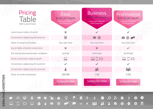 Light pricing table in pink color with 3 options. Icon set included