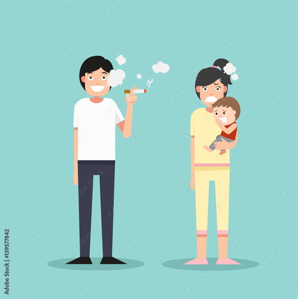 Women and young boy smelly cigarette.man smoking Women and young boy smelly cigarette.man smoking
