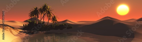 The beautiful panorama of the oasis in the desert sand  3d rendering