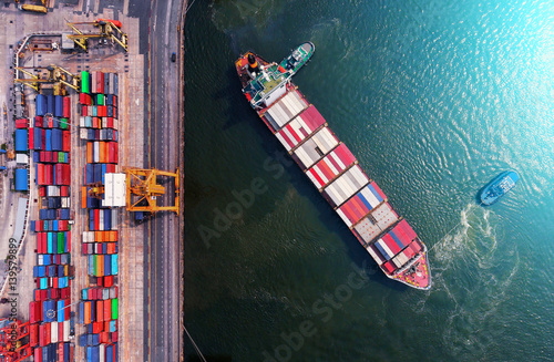 container ship in import export and business logistic.By crane ,Trade Port , Shipping.cargo to harbor.Aerial view.Water transport.International.Shell Marine.Top view.