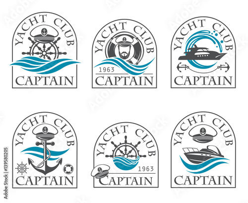 nautical collection of emblems with sea captain for yacht club