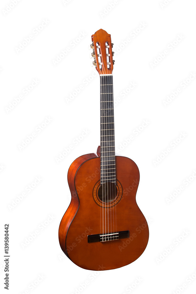Obraz premium Natural Wooden Classical Acoustic Guitar Isolated on a White Background