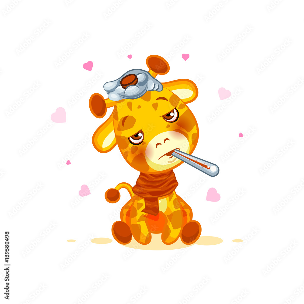 Fototapeta premium Emoji character cartoon Giraffe sick with thermometer in mouth sticker emoticon