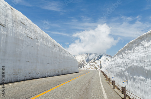 Empty road and snow wall at japan alps tateyama kurobe alpine route photo