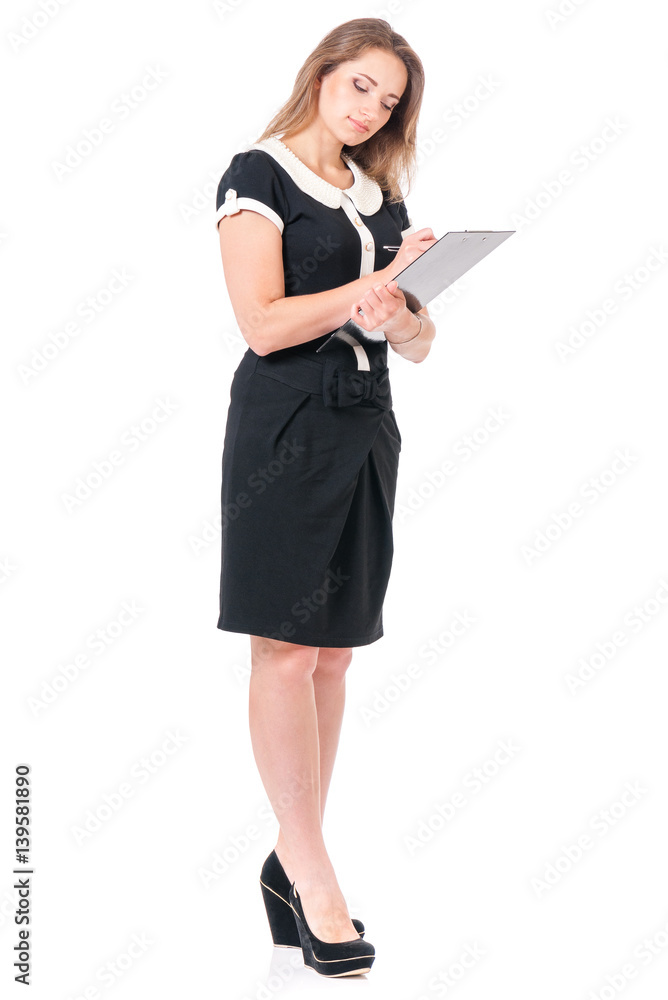 Full body portrait of business woman or teacher holding a clipboard, isolated on white background Full body portrait of business woman or teacher holding a clipboard, isolated on white background
