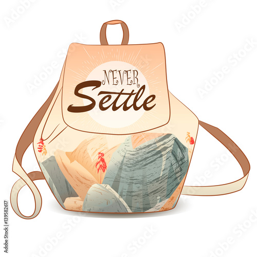 Never settle lettering on double exposure backpack