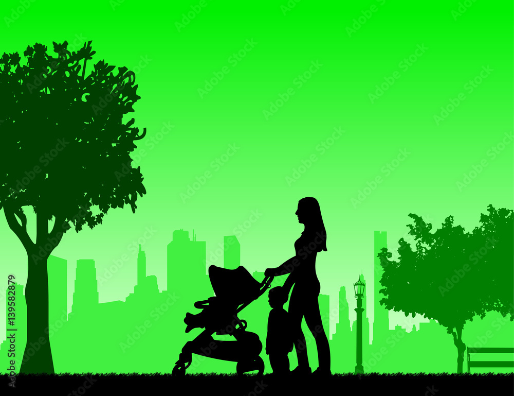 Mother walking with her children in park, one in the series of similar images silhouette Mother walking with her children in park, one in the series of similar images silhouette