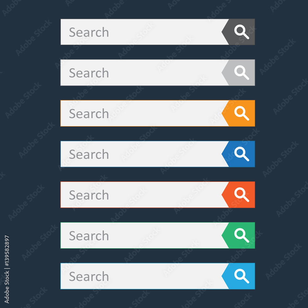 Search bar field. Set vector interface elements with search button. Flat vector illustration on dark blue background. Search bar field. Set vector interface elements with search button. Flat vector illustration on dark blue background.