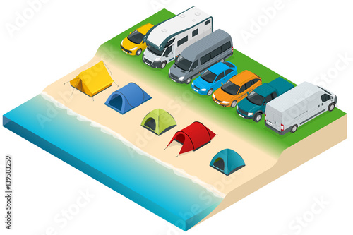 Summer Camping and tent near a river or lake. Flat 3d vector isometric illustration. Vacation and holiday concept.