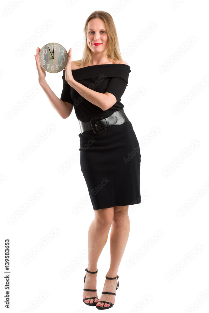 Blonde woman with a clock showing the time, isolated on white Blonde woman with a clock showing the time, isolated on white