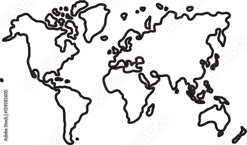 Freehand world map sketch on white background.