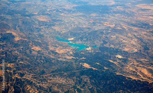 Aerial Embalse Santolea Dam in Aragon Spain photo