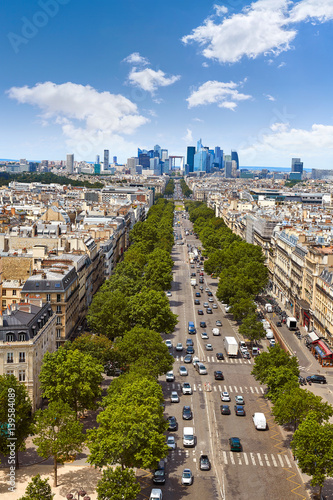 Paris skyline Champs Elysees and La Defense