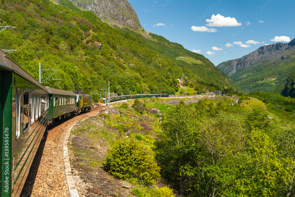 Naklejka premium Flambsbana, The Flam Railway, spectacular train journey around mountains. Norway