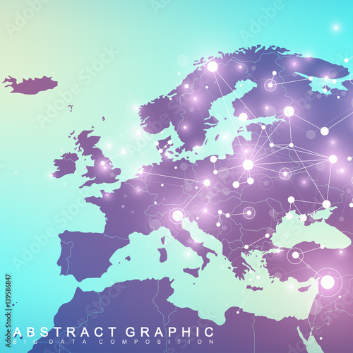 Geometric graphic background communication with Europe Map. Big data complex with compounds. Perspective backdrop. Minimal array. Digital data visualization. Scientific cybernetic vector illustration.