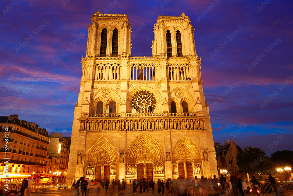 Notre Dame cathedral sunset in Paris France