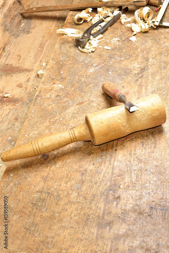 Carpenter working. Carpenter tools on wooden table with sawdust. Carpenter workplace