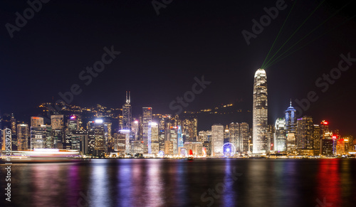 Stunning view of Hong Kong skyline and Victoria harbour seen from Harbour City from where is possible to attend the Symphony of Light  smooth water flowing in the foreground  Hong Kong.