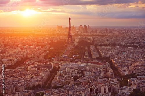 Eiffel Tower in Paris aerial sunset France