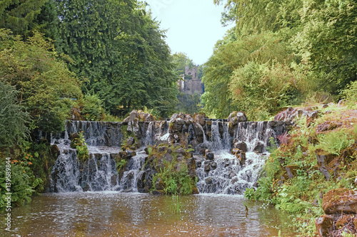 Water cascade in Wilhelmshoehe Berg park. Landscape
