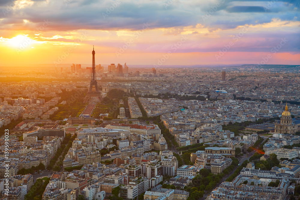 Eiffel Tower in Paris aerial sunset France