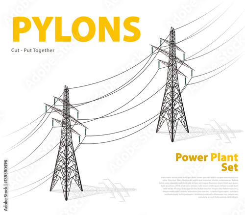 Vector high voltage pylon isolated on white background in isometric perspective. 3d metal pole voltage with typography. Industrial illustration. Power line pylon. Nuclear power station facilities.