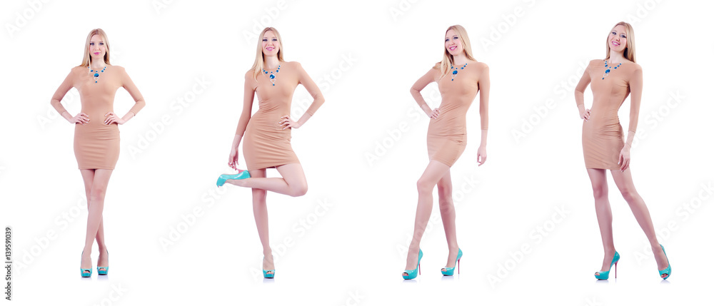 Fototapeta premium Tall attractive woman model on white