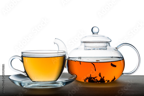 close up of tea cup and teapot on wooden over white background, mockup