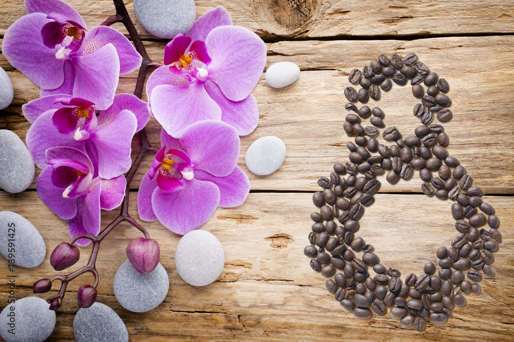 Coffee beans in form of number eight and orchids on beautifull background. International women's day. 8th march Coffee beans in form of number eight and orchids on beautifull background. International women's day. 8th march