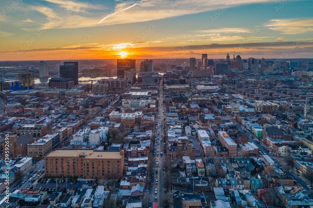 Aerial view of Fells Point at sunset, in Baltimore, Maryland.